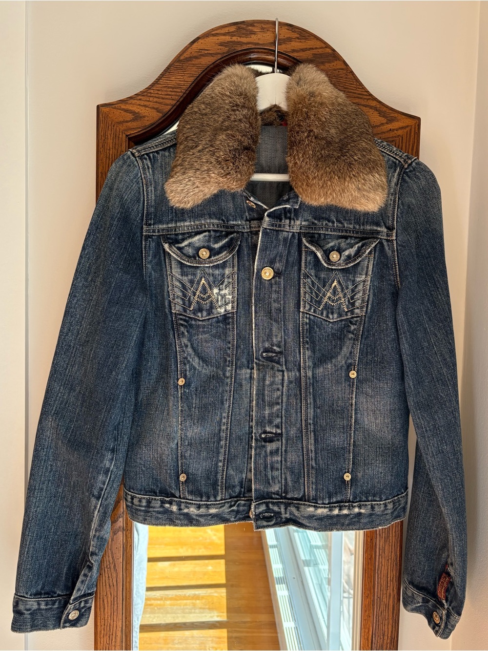 7 For All Mankind Vintage y2k Denim Jacket with Rabbit Fur Collar